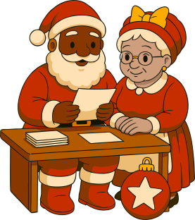 Ilustração do papai 
                noel sentado em uma mesa lendo uma cartinha ao lado da mamãe noel