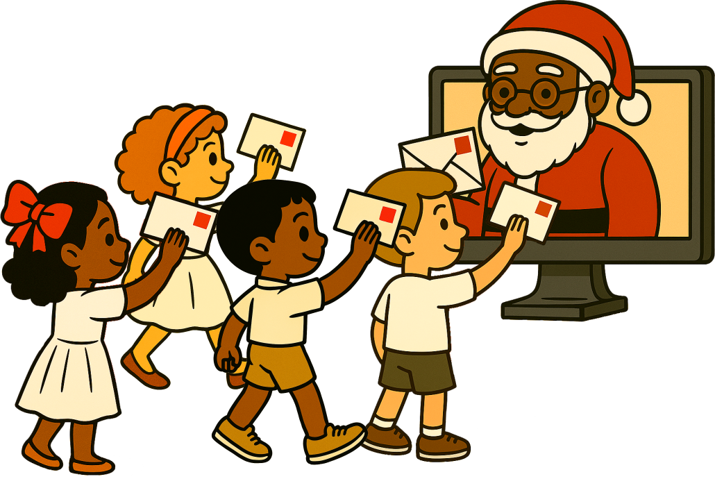 Ilustração de várias crianças com cartinhas na mão entregando ao papai noel que está saindo de uma tela de computador