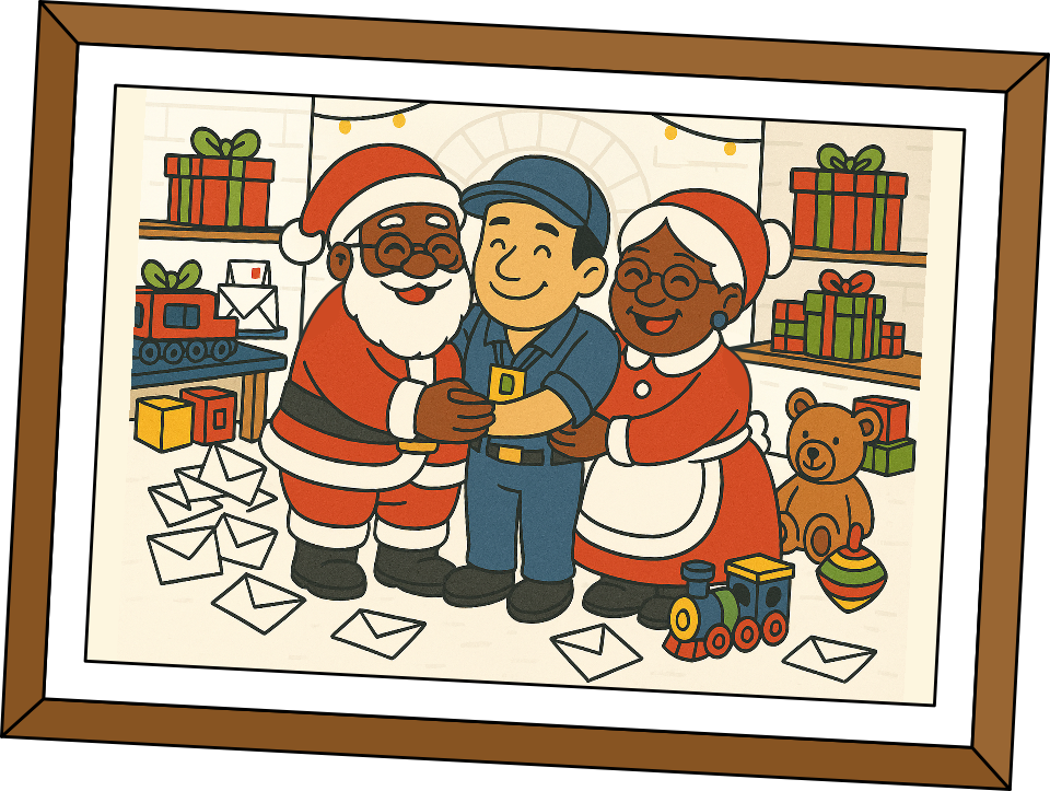 Ilustração de um porta retrato com a imagem do papai noel e da mamãe noel abraçando um carteiro