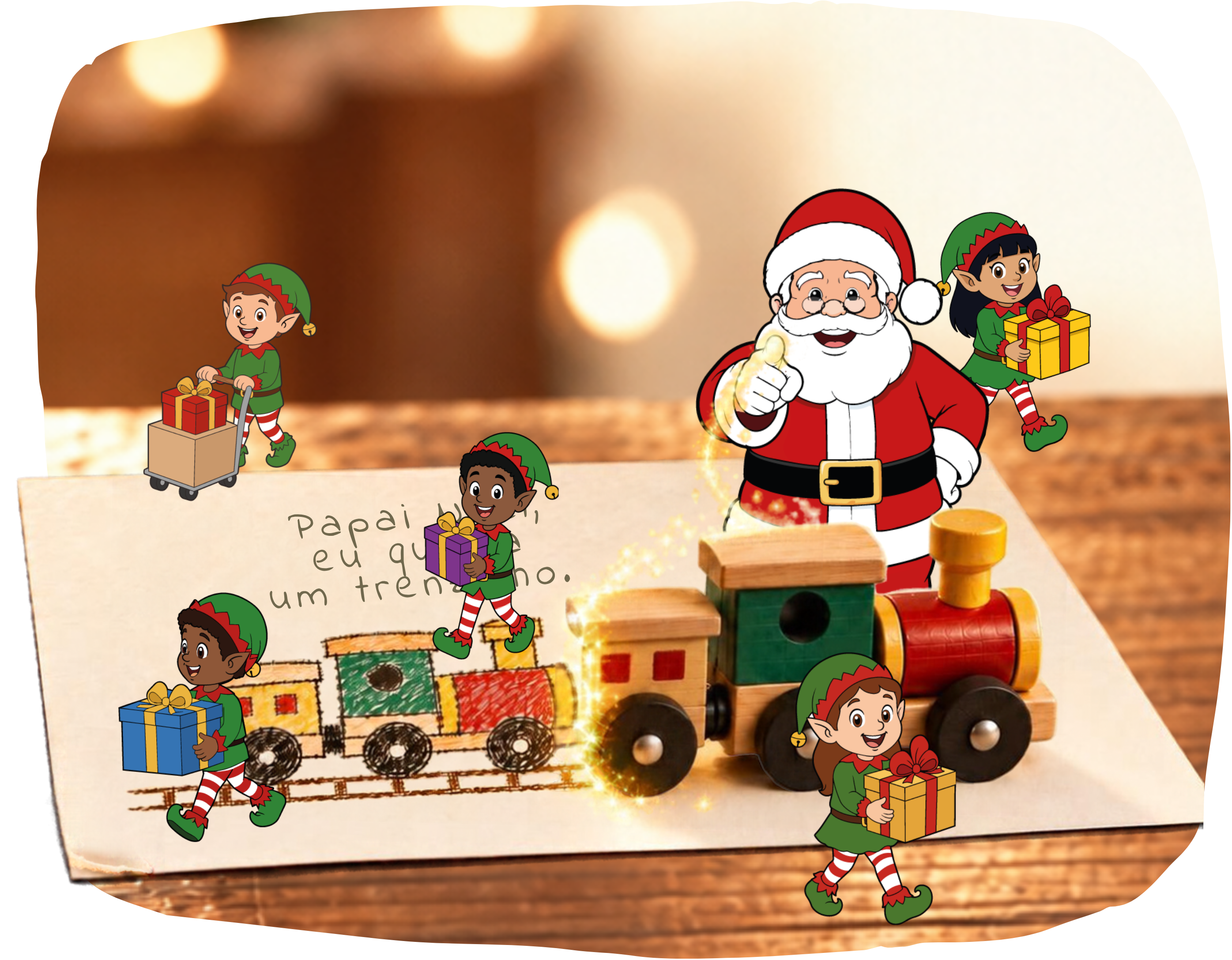 Papai Noel e seus ajudantes transformam o desenho de um trenzinho em um presente de Natal com um toque de magia.