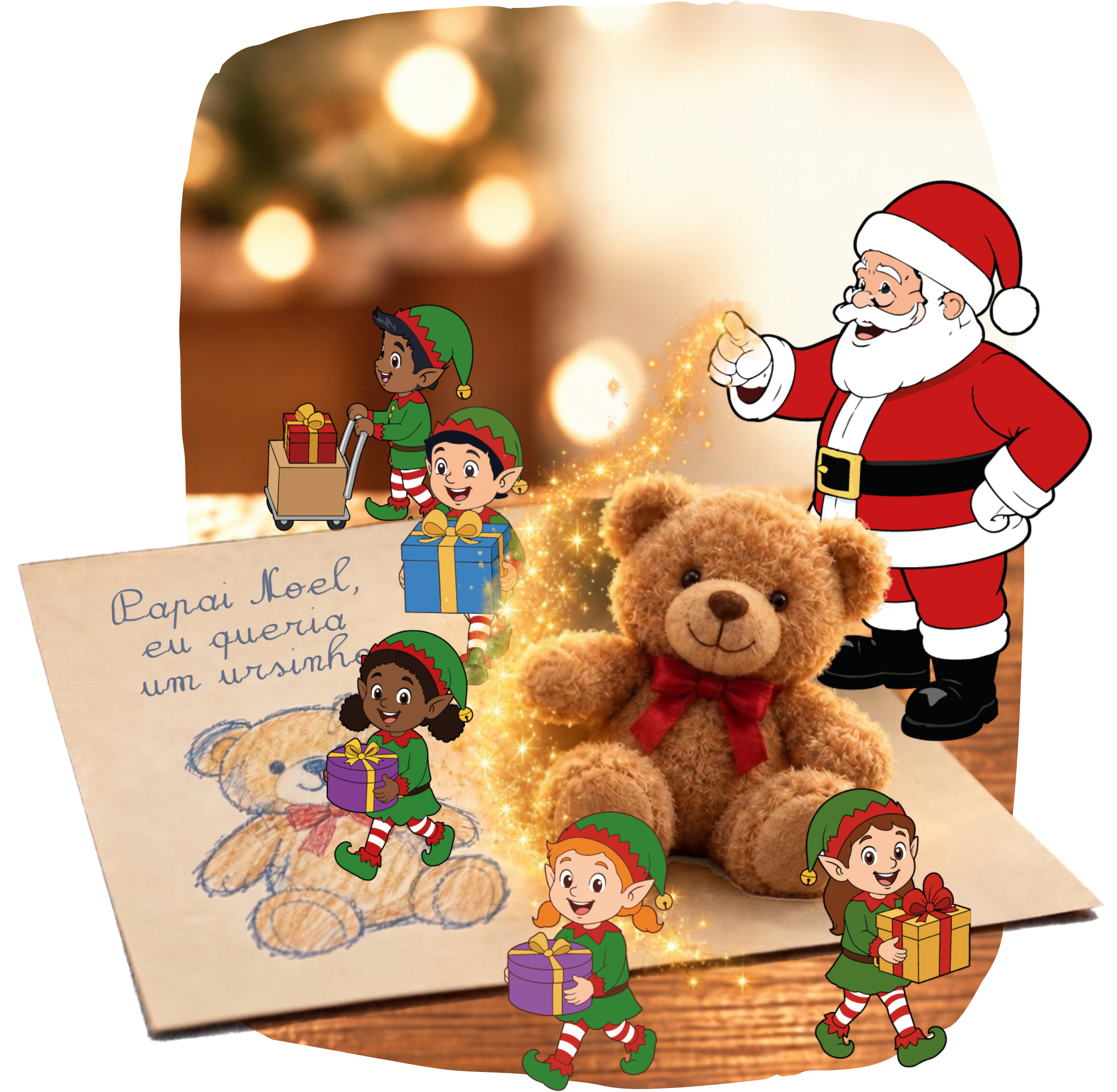 Papai Noel e seus 
                ajudantes transformam o desenho de um ursinho de pelúcia em um presente de Natal com um toque de magia.