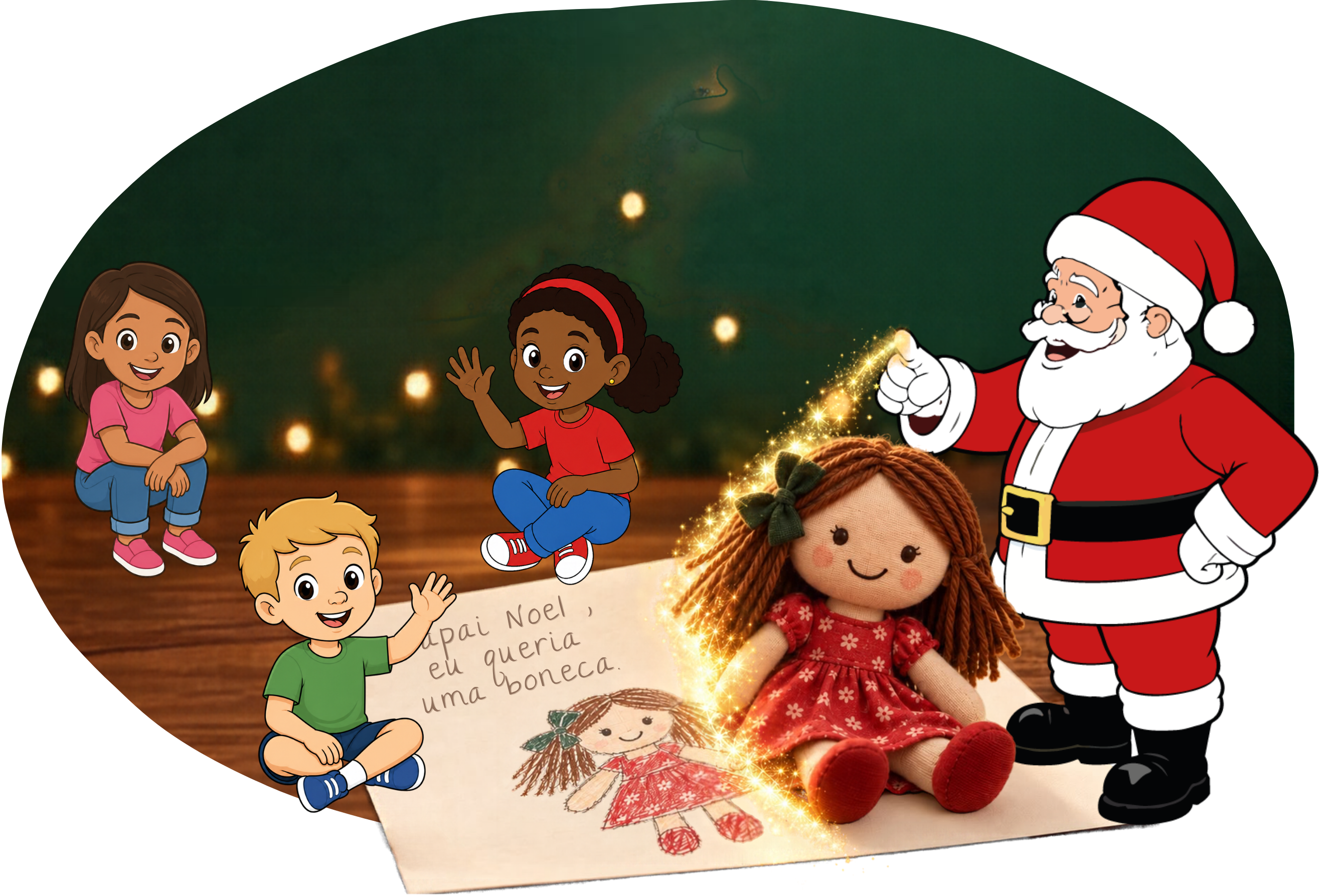 Papai Noel transforma o desenho de uma boneca em um presente de Natal, enquanto crianças acompanham a magia da realização de sonhos.