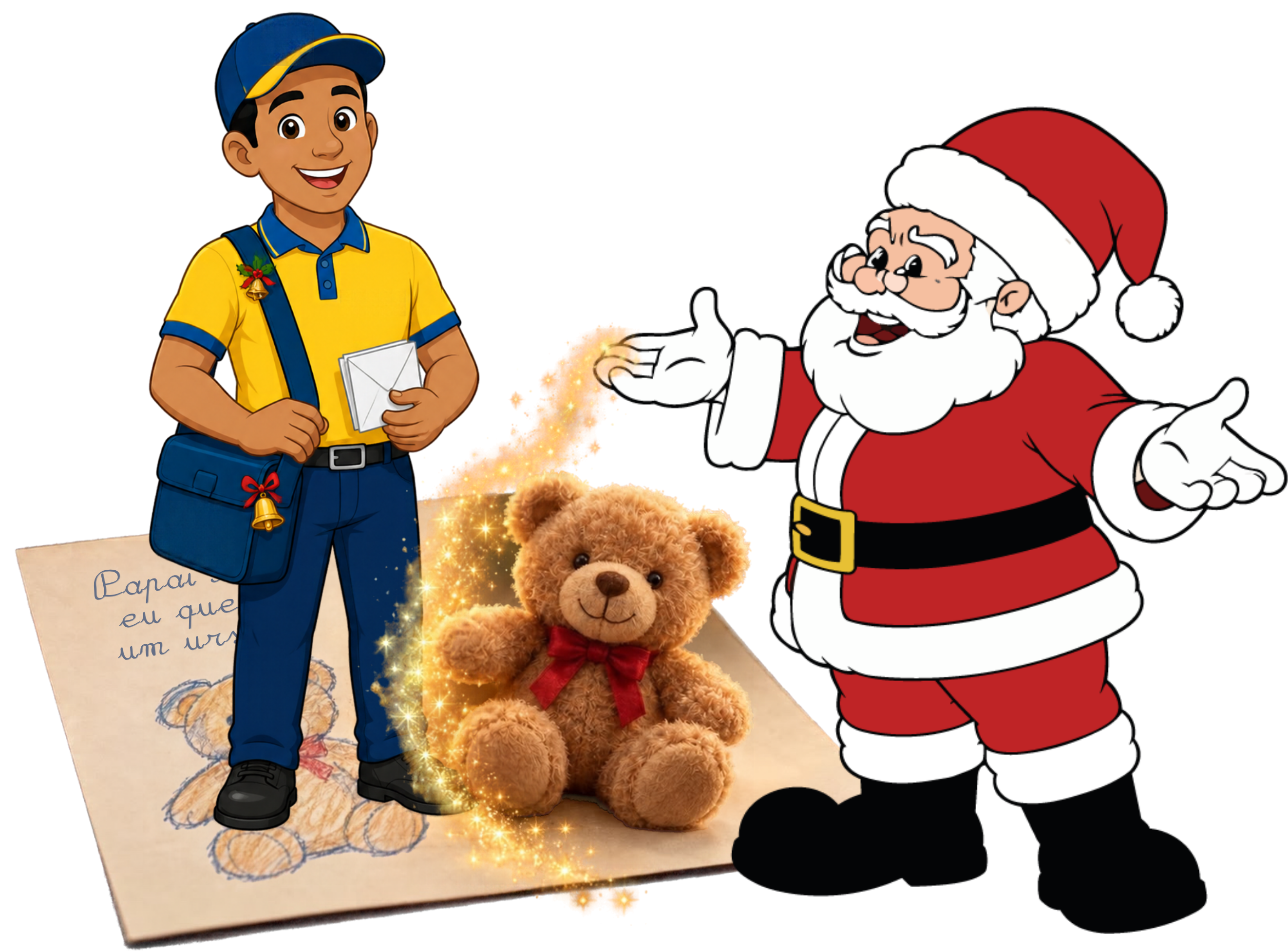 Papai Noel e um 
            carteiro dos Correios celebram a magia do Natal, transformando o desenho de um ursinho em um presente especial.