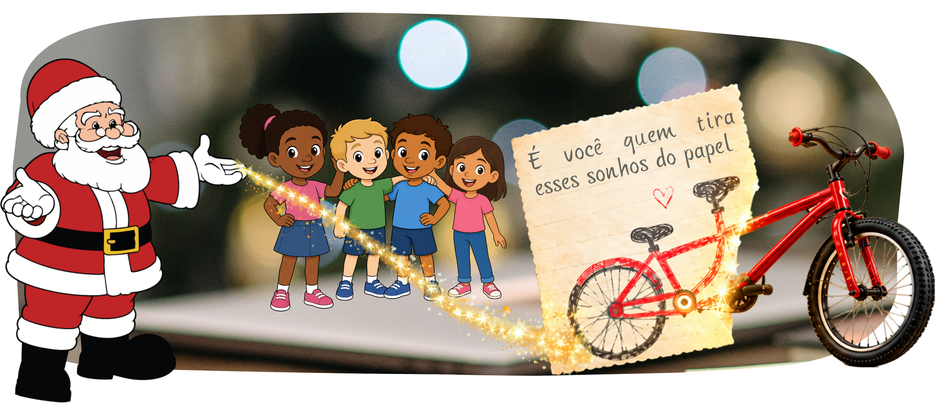 Papai Noel transforma os sonhos das crianças em presentes com a magia do Natal.