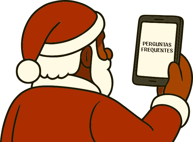 Ilustração do papai noel de costas segurando um celular na mão, na tela do celular podemos ver escrito: Perguntas frequentes.